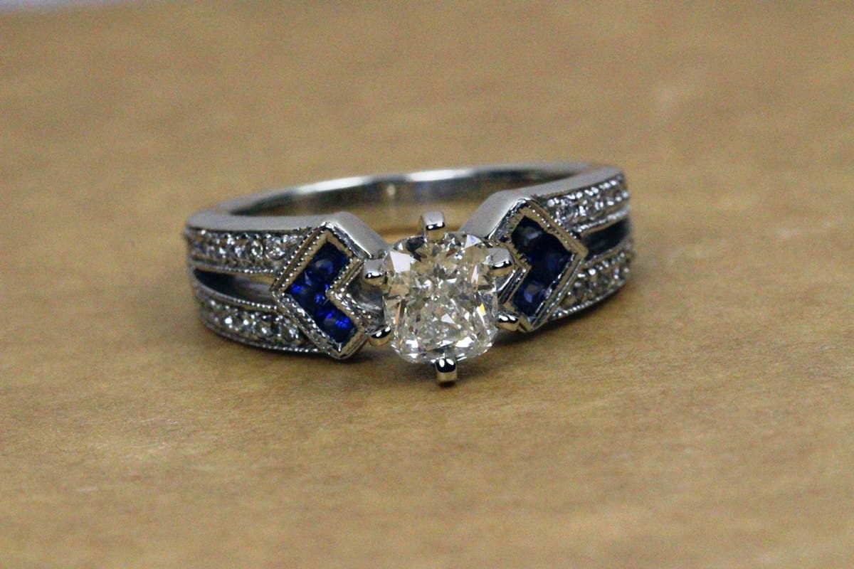 Lab-grown Art Deco ring — sapphire accents
