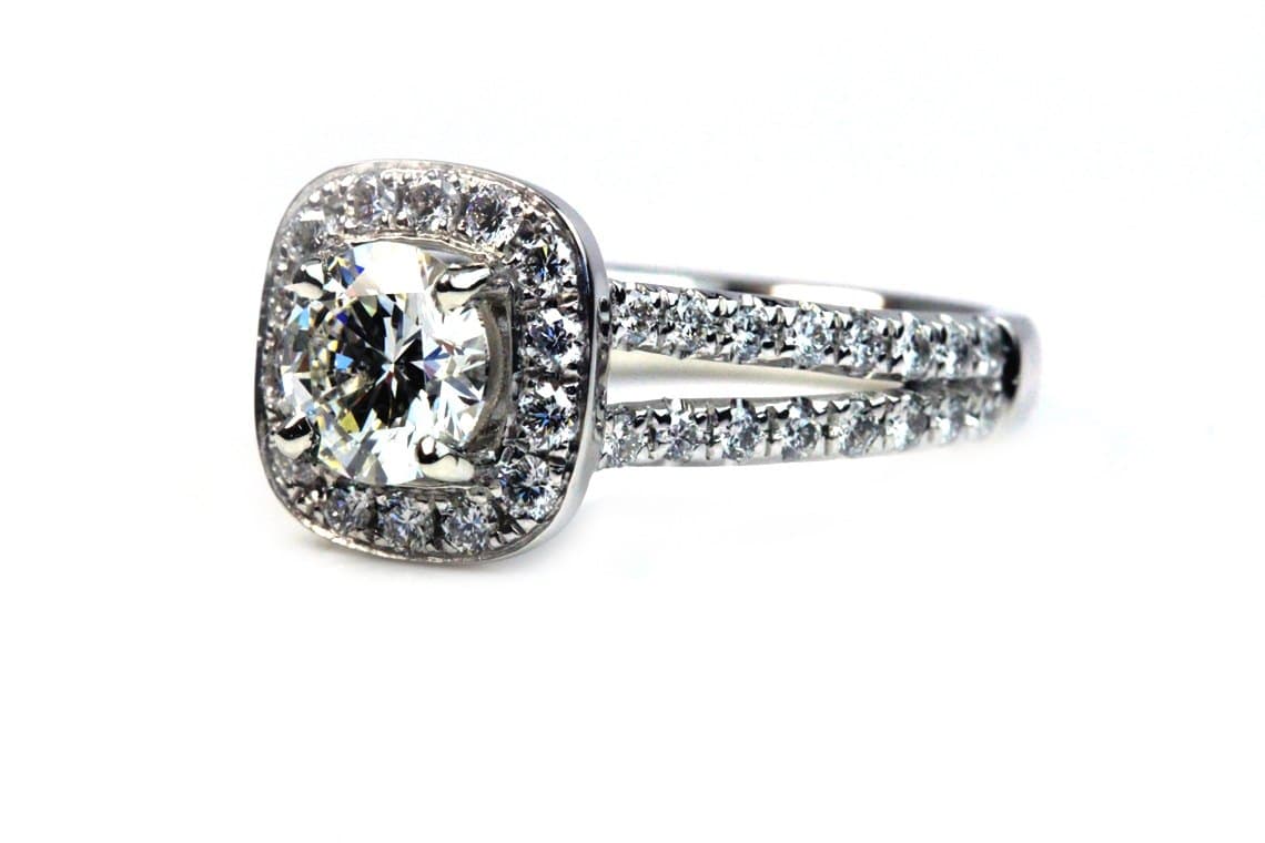 Lab-grown cushion halo ring — pavé band